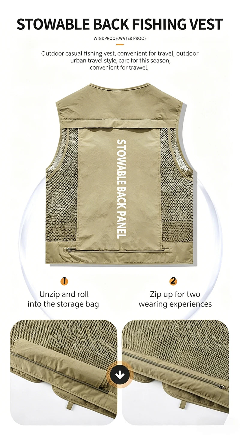Mesh Men's Fishing Vest Multi Zip Pocket Hiking Waistcoat Male Light Thin Outdoor Sleeveless Jacket Work Summer Travel Plus Size