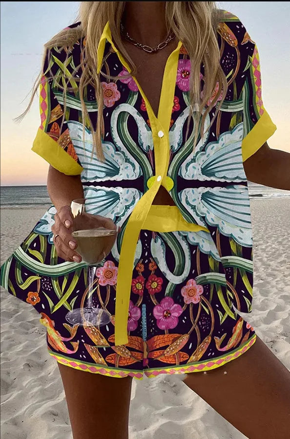 Fashion Lapel Short-sleeved Single-breasted Shirt Top + Shorts 2-piece Set Women Elegant Summer Print Loose Casual Suit Female