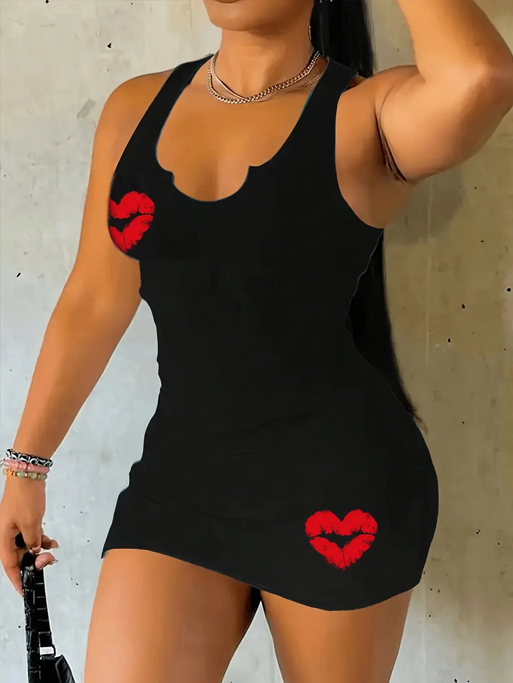 2026 casual and fashionable women's clothing - round neck solid color sexy lip print sleeveless hip hugging dress short skirt