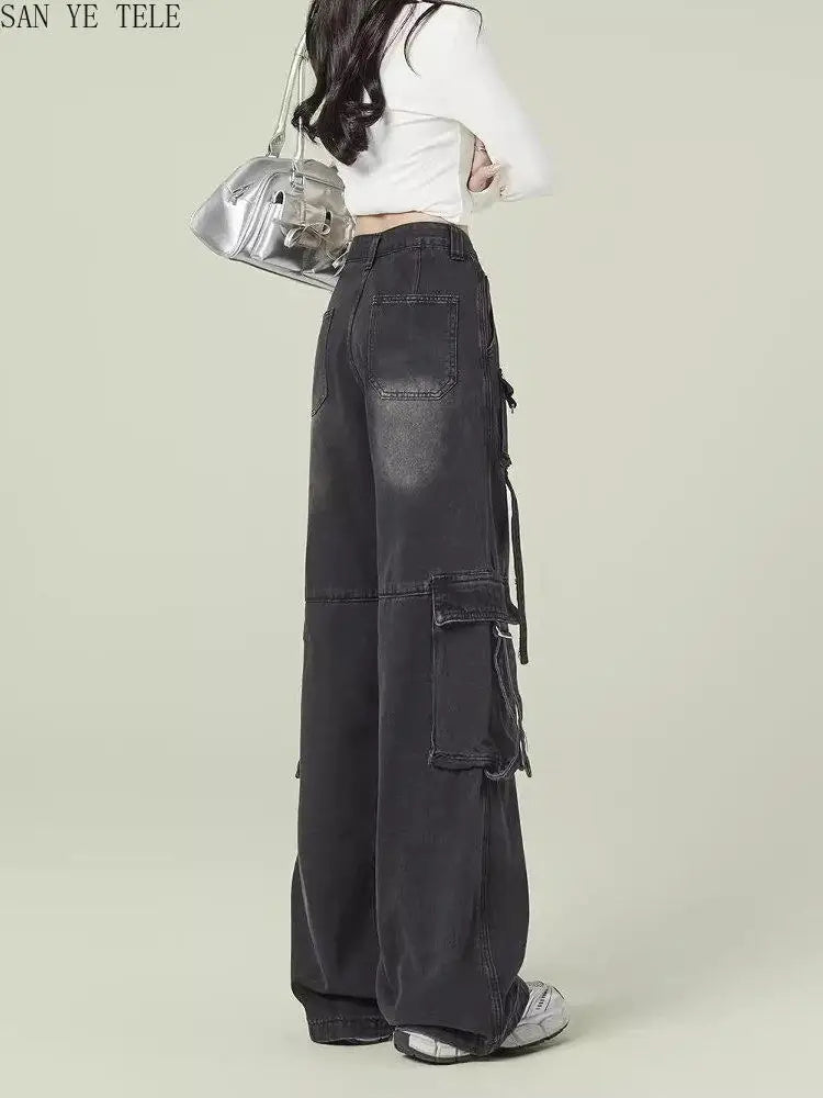 Black Gray Multi Pocket Cargo Jeans Women's Y2K Gothic Baggy Harajuku Oversize Denim Trousers Washed Straight Leg Wide Leg Pants
