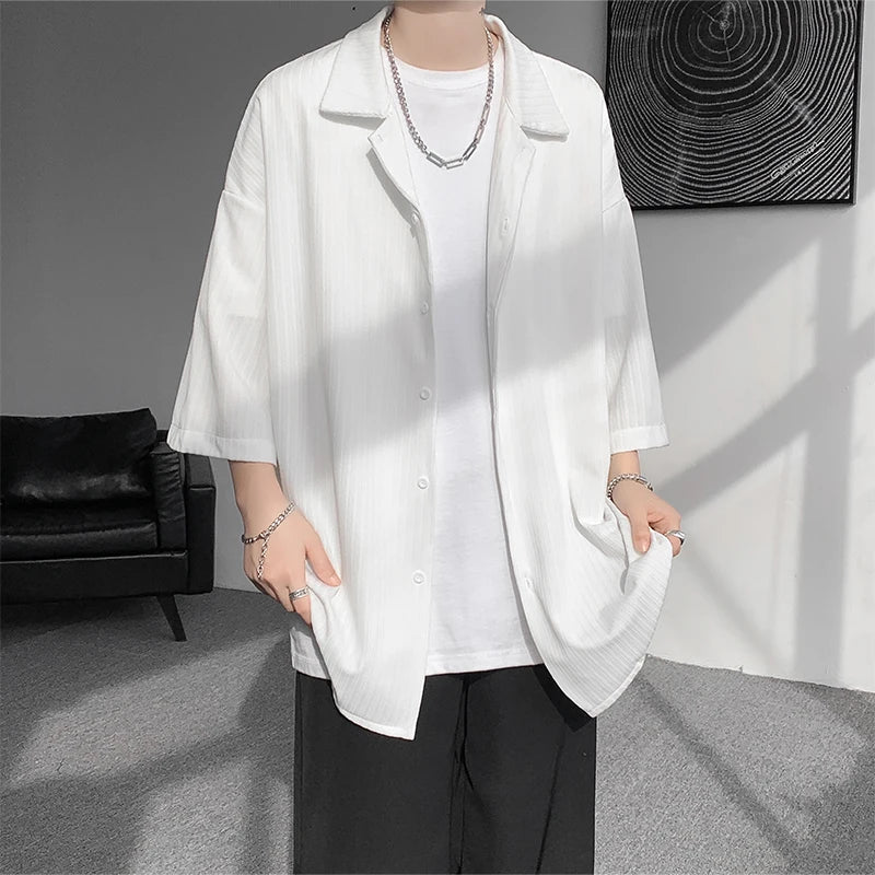 LEGIBLE Spring Summer Solid Shirts Men Casual Oversized Three Quarter Shirts Male Loose Fit Shirt for Man