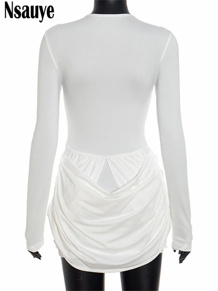 Nsauye Autumn Winter Women 2025 Sexy Night Club Mini Wrap Hollow Out Party Dress Fashion Elegant Evening Short Dress Long Sleeve