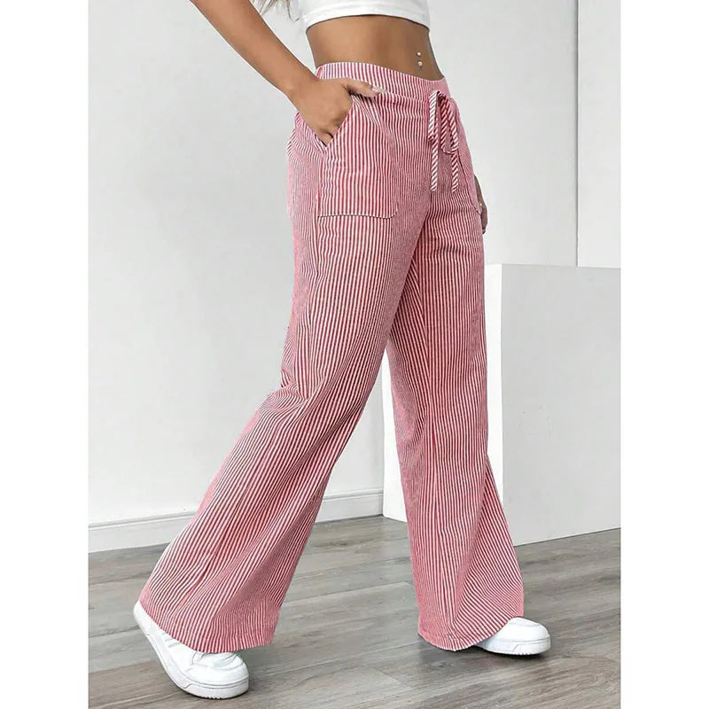 American Style Retro Vertical Stripe Drawstring Wide Leg Pants High Waist Dipping Loose Straight Casual Pants