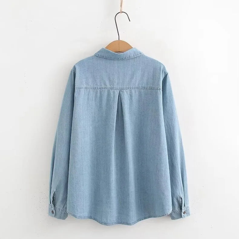Mori kei denim blouses women spring autumn Japanese peter pan collar blue solid denim shirts casual jean basic shirts