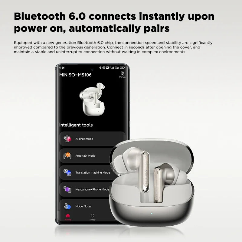 MINISO MS106 Bluetooth V6.0 Earphones TWS In-Ear Wireless Headphones AI Translator Earbuds Comfortable Ultra-light Earbuds