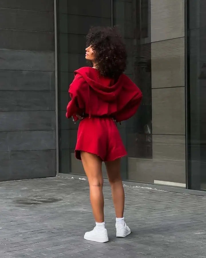 Women's Outfit Long-Sleeve Hooded Drawstring Sweatshirt Shorts Set Two-Piece Sets Sports Suit Sportswear Streetwear Trendy