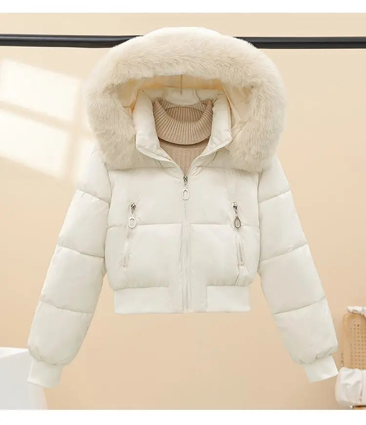 Korean Faux Fur Trim Hooded Puffer Coat Outerwear Women Black Cropped Zip Pocket Rib Hem Loose Short Warm Winter Jacket