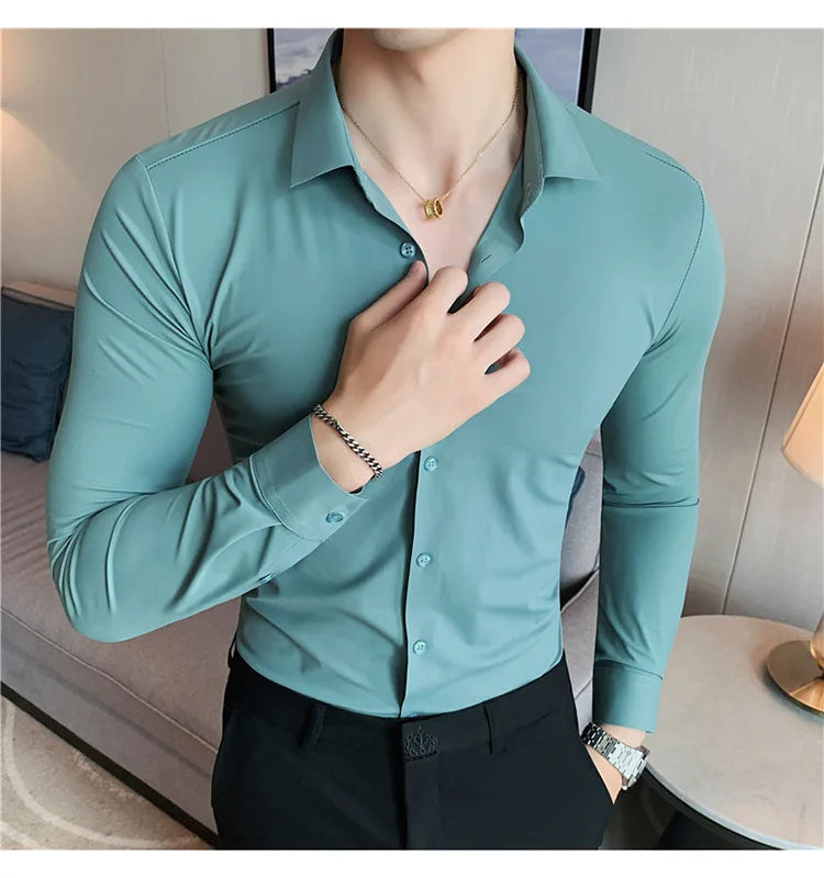 Men's Ultra Stretch Seamless Long Sleeve Shirt Top Quality Business Casual Breathable Stretchable Solid Color Formal Dress Shirt