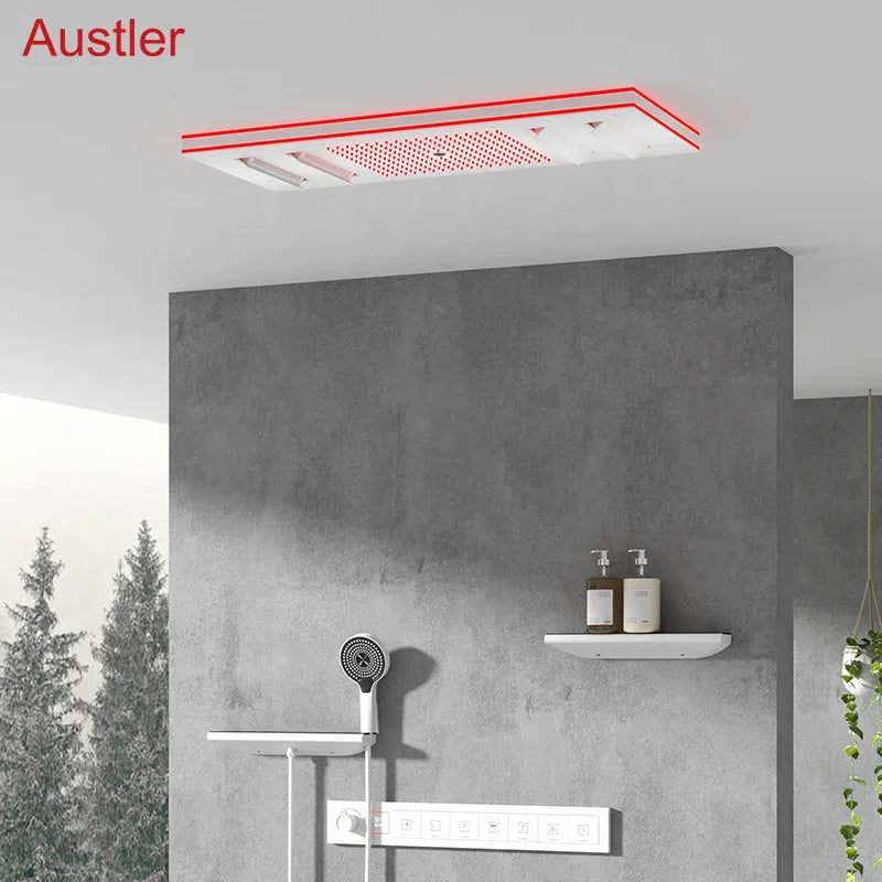 Ceiling Embedded LED Music Shower Head 7 Functions In-Wall Mount Brass Thermostatic Shower Faucet Set