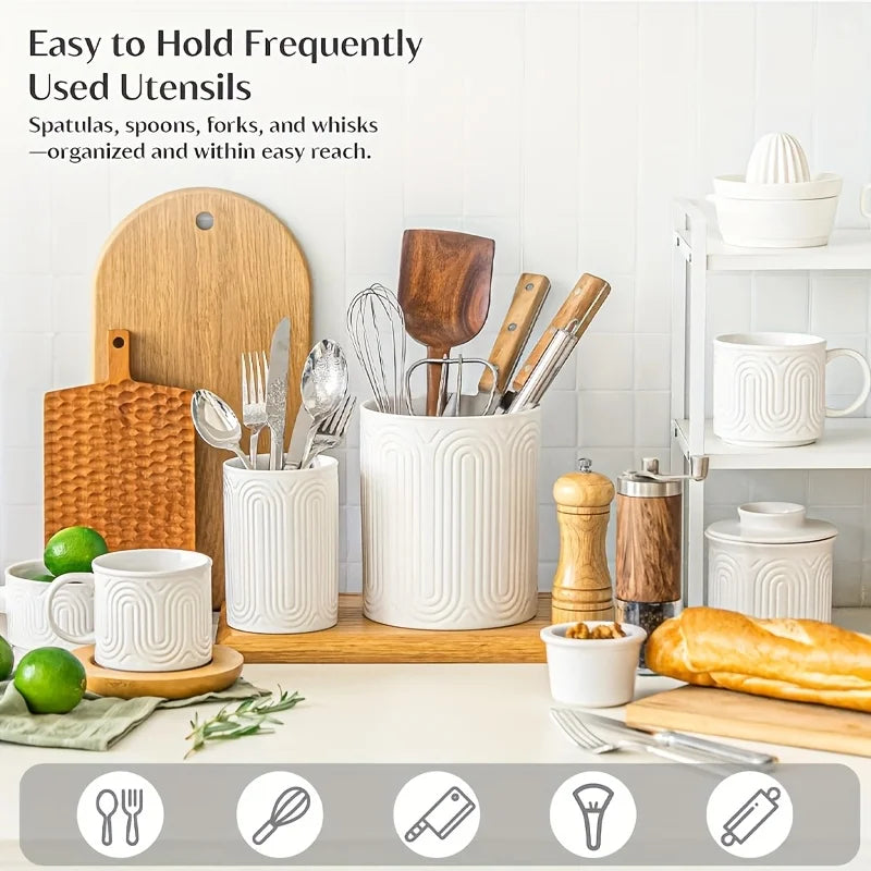 Ceramic Utensil Holder Organizer - Kitchen Countertop Storage Jar for Forks Spoons Knives, White Porcelain Canister, 1/2-Piece