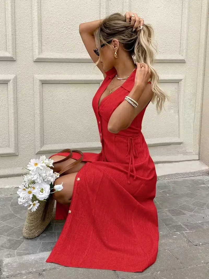 BohemianStyle Dress Sleeveless V-Neck ButtonFront Dresses Elegant Classic Solid Dresses Resort SeasideStyle Vacation Dresses