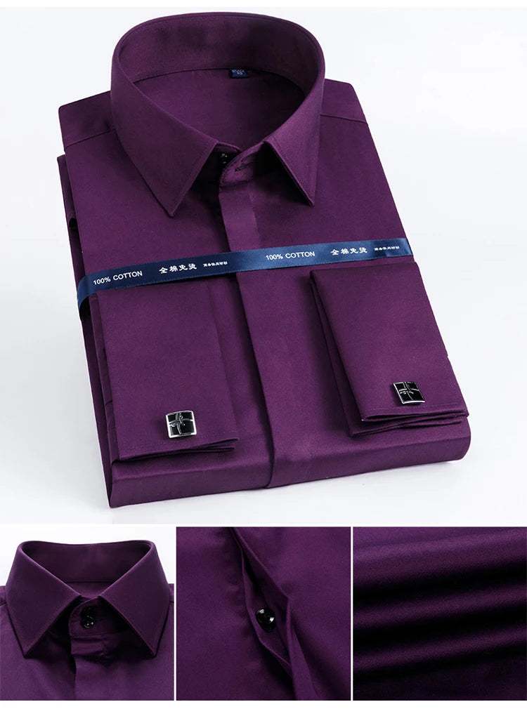 Men's 100% Cotton Iron-Free French Cuff Shirt Front Hidden Buttons Removable Collar Stays Formal Business Long Sleeve Shirts