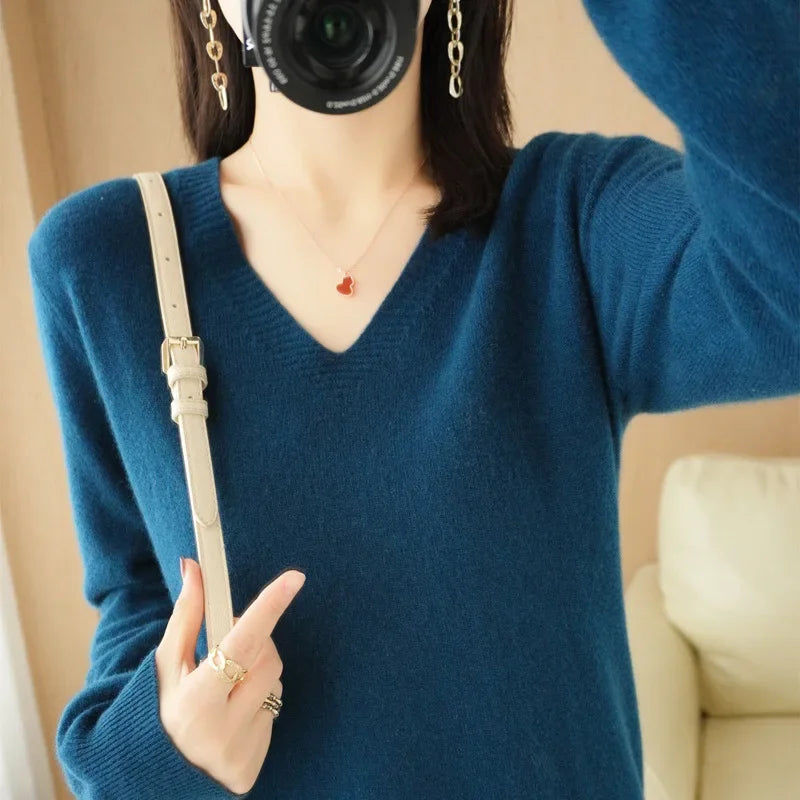 Women's Sweater 2025 Autumn Winter Knitted Pullovers V-neck Slim Fit Bottoming Shirt Solid Soft Knitwear Jumpers Basic Sweaters