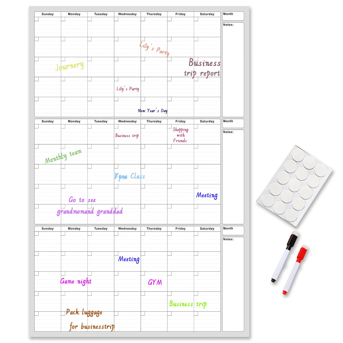 Reusable Whiteboard Calendar 2 Markers Dual Sided Foldable Design 3 Month Planner for Office Home School Erasable Surface Weekly