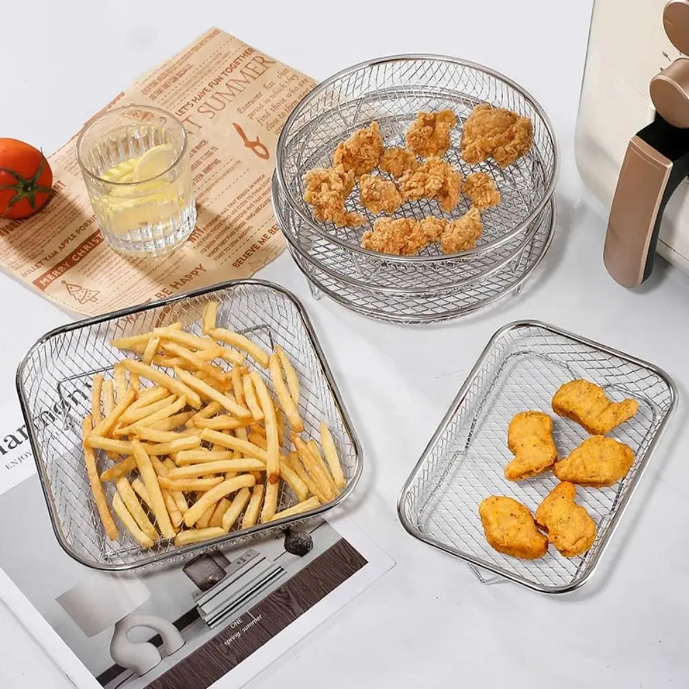 New Stackable Air Fryer Rack Non-Stick Stainless Steel Grilling Rack Airfryer Tray Grill Basket Durable Kitchen Gadgets