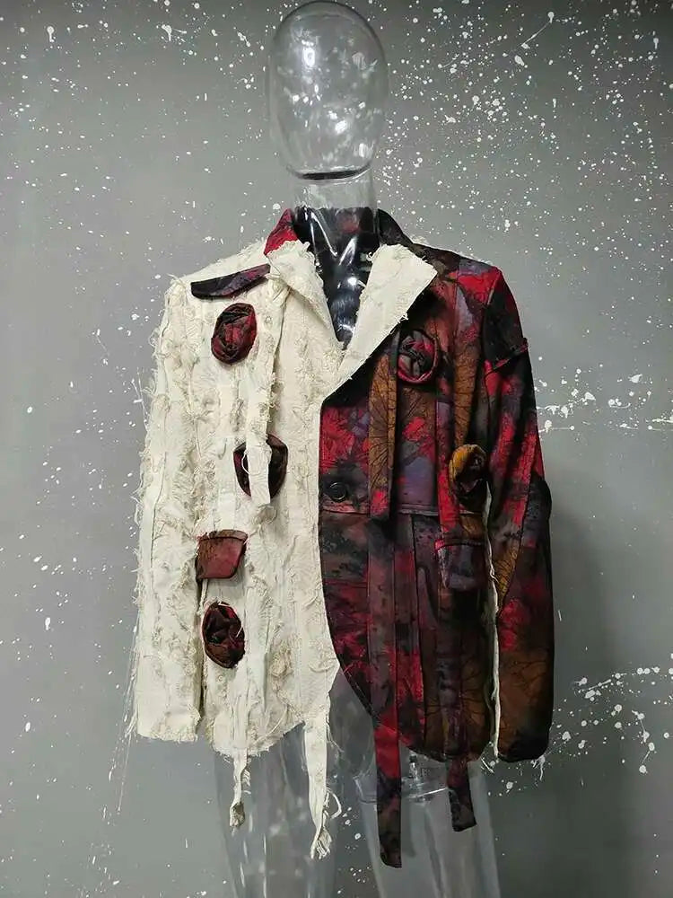 PFHQ Design Silhouette Suit Jacket Autumn 2024 New Loose Slimming Splicin Knitted Red Flowers Contrast Color Male Tops