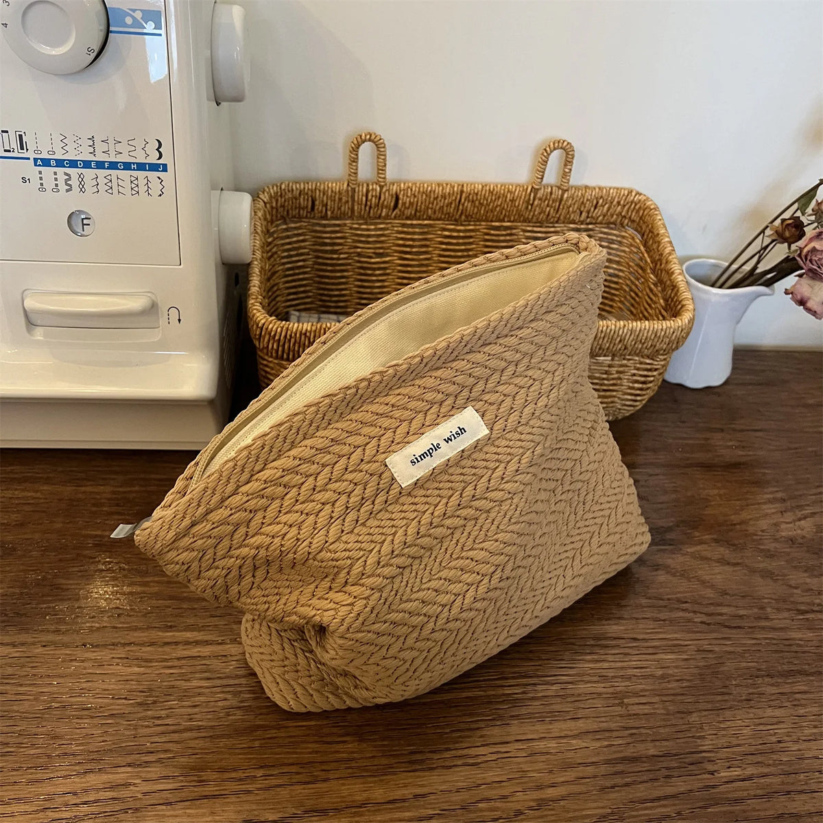 Handwoven Cotton Makeup Bag – Artistic Crochet Cosmetic Pouch with Zipper, Minimalist Clutch for Women
