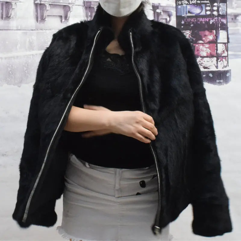 Natural Rabbit Fur Coat Women Winter Jacket Real Leather And Fur Bolero Women's Clothing Female Outerwears With 2025 Black Cold