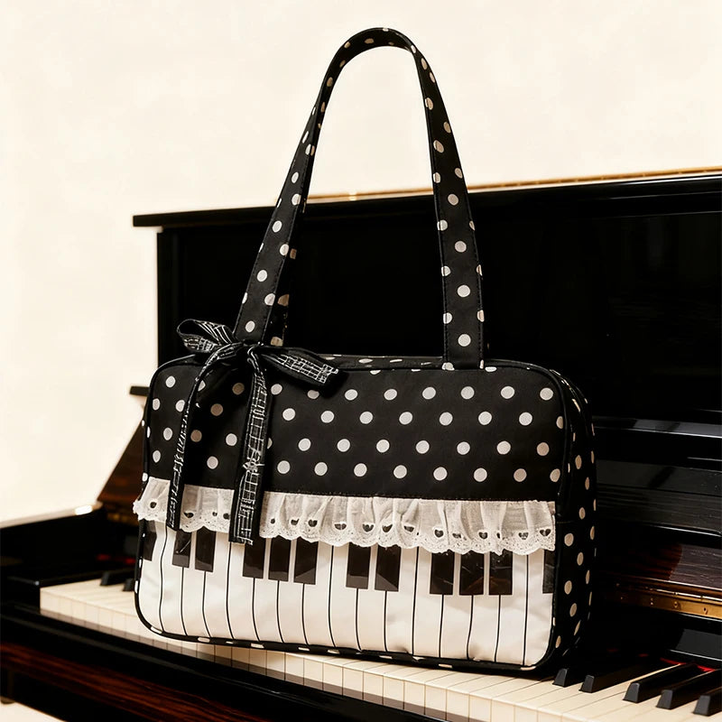 Polka Dot Piano Key Lace Ribbon Shoulder Bag,Contrast Color Patchwork Large Women Bowling Tote Bag,Y2k Girls Wave Point Handbag