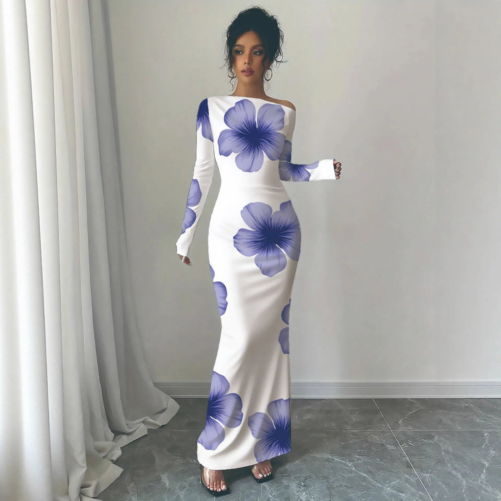 European and American 2025 Autumn New Printed Long Skirt Temperament Slim Long Sleeve Dress