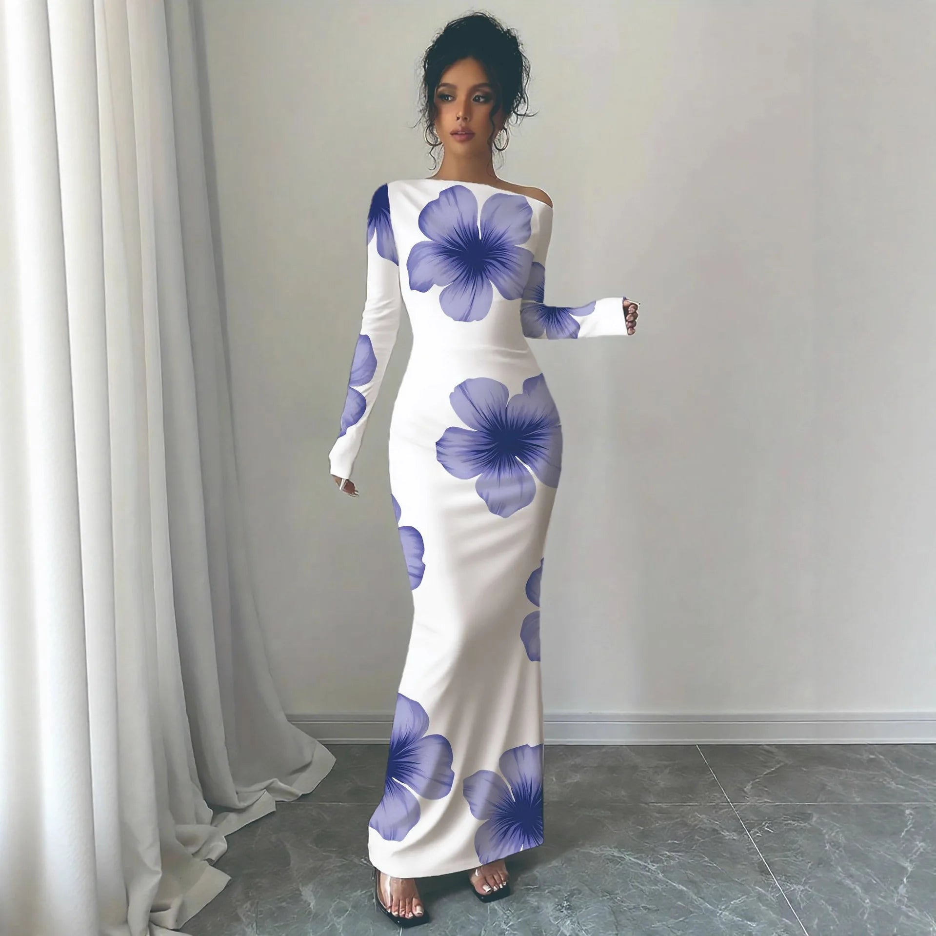 European and American 2025 Autumn New Printed Long Skirt Temperament Slim Long Sleeve Dress