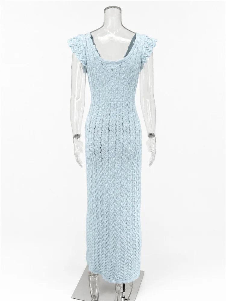 Tossy Ruffled Hollow Out Knit Long Dress Women V-Neck Fashion Patchwork See-Through Beach Holiday Dress Knitwear Female Dress