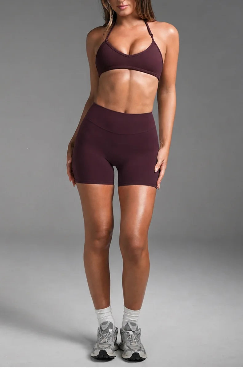 2PCS Women Yoga Set Solid Color Beautiful Back Hanging Neck Bra with Chest Pad Quick-Dry Fitness Running Shorts Yoga Set