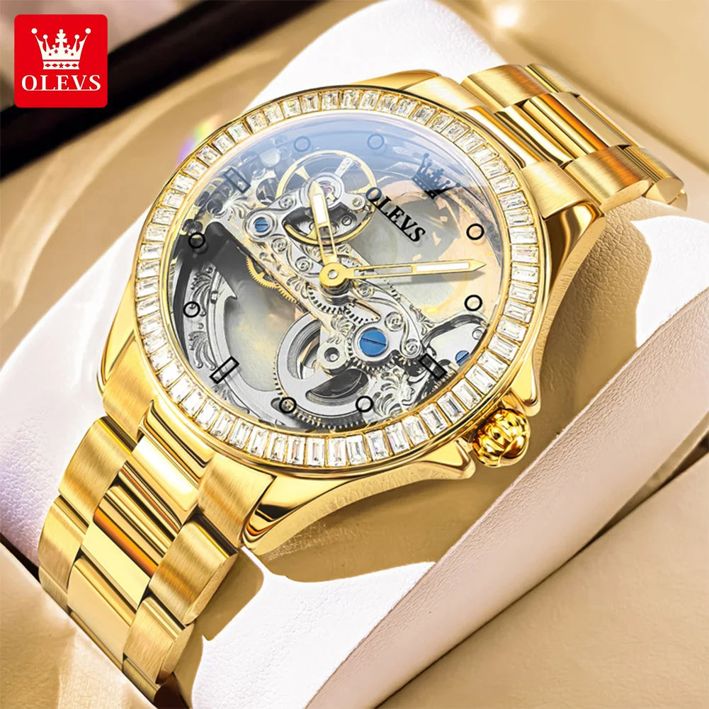 OLEVS Couple Watches Original Fully Transparent Skeleton Automatic Mechanical Watches For Men Women Lover's Gift Luxury Watches