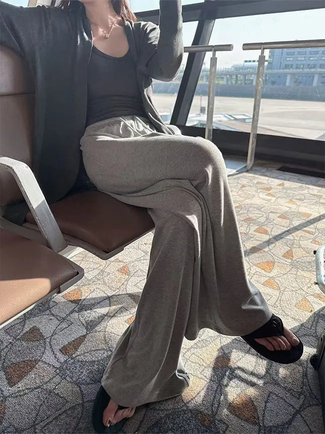 Women's Straight Pants Spring Summer Loose Casual High Waist Wide-leg Pants Drawstring Solid Gray Trousers Women