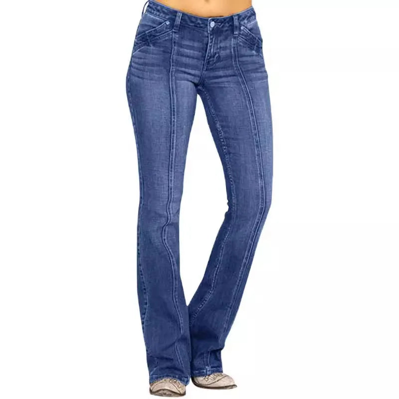 European American Women Low Waist Ripped Flared Jeans Slim Fit Fashion Casual Stretch Denim Long Pants