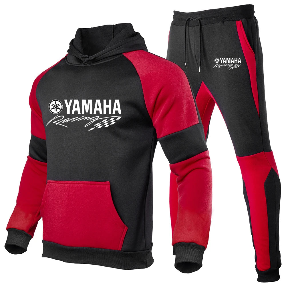 2025 New Yamaha Men's High Quality Splicing Hoodie Sportswear Cotton Top and Pants Sports Running Two Piece Set