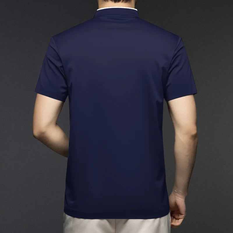 2025 New Men's Casual Fashion Zipper Solid Color Short Sleeved Polo Shirt Stand Up Collar Versatile Comfortable Top