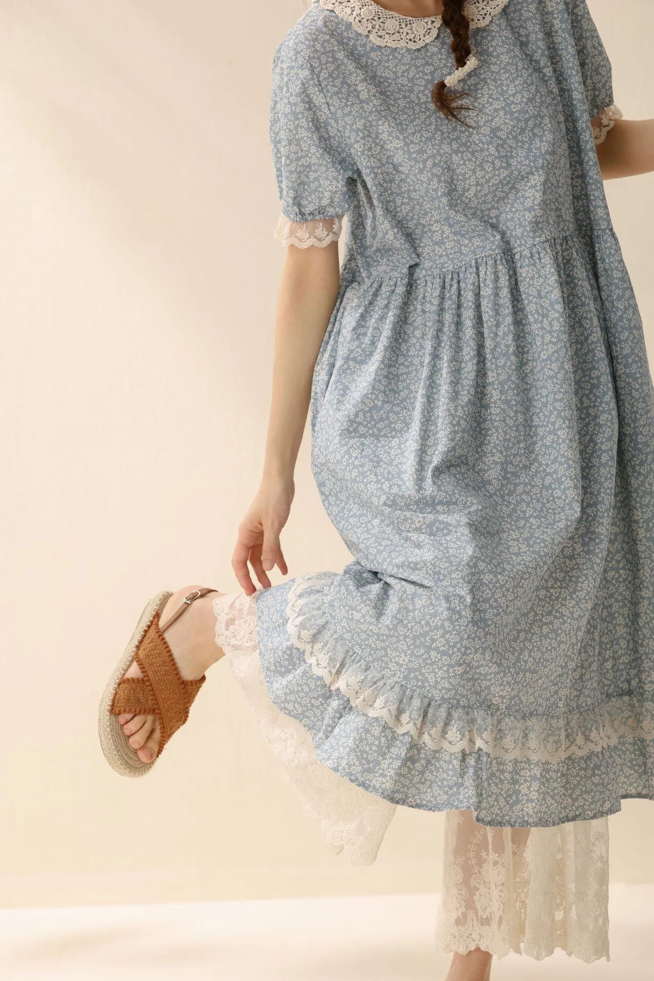 Vintage Ruffled Cotton Linen Flower Dress Women's New Summer Peter Pan Collar Short Sleeve Loose Boho Dress Casual Midi Vestidos