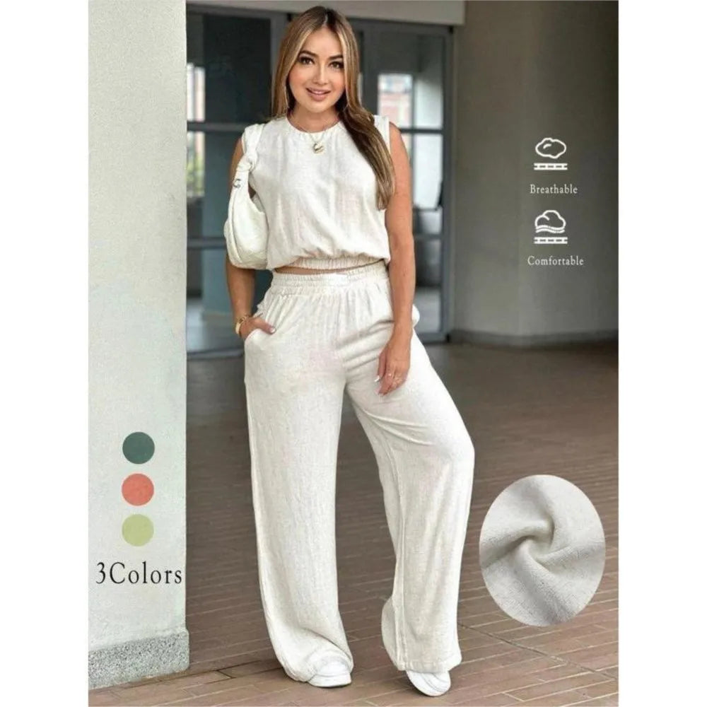 Fashion Ultra-short Sleeveless Top Trousers 2-piece Set Summer New Casual Pocket Loose Wide-leg Trousers Female Office Set 2025