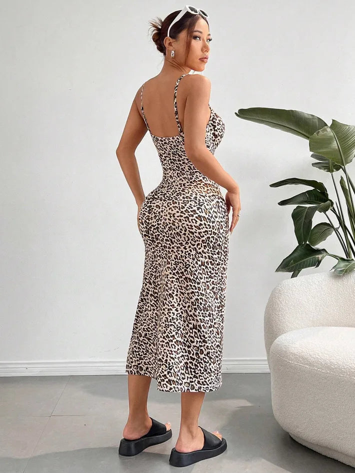 Women's Summer Slip Dress Bandeau Tight Height Slit Solid Color Leopard Print Hip Skirt