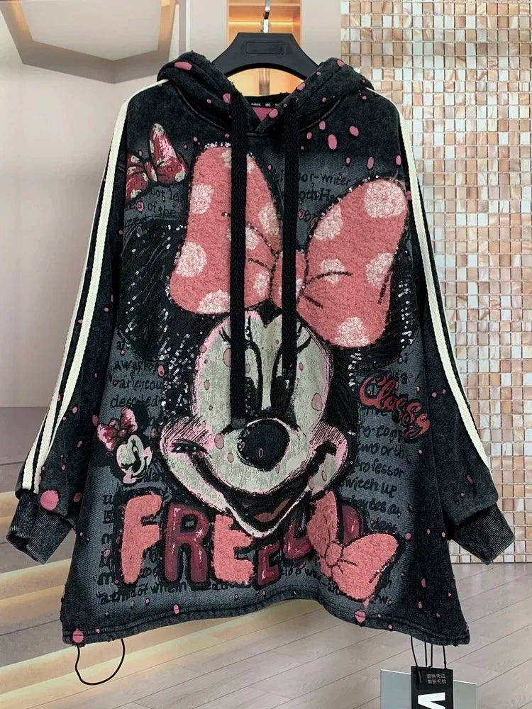 European and American new fashion heavy industry embroidery cartoon print loose hooded sweatshirt T-shirt for both men and women