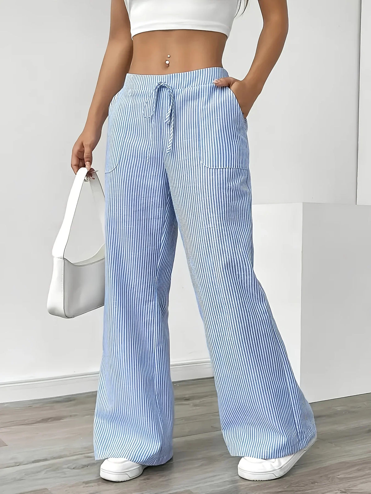 New Women's Casual Striped Blue Pocket Pants Fashionable Popular Sports Trousers for Ladies
