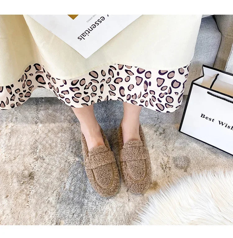 Lambwool Moccasins Femme Curly Sheep Fur Flats Woman Warm Plush Loafers Winter Cotton Shoes Women Furry Snow Boot