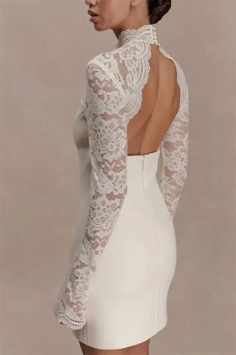 Women Elegant Lace Patchwork Sexy Mini Dress Fashion High Neck Long Flare Sleeve Backless Bodycon Club Party Dresses