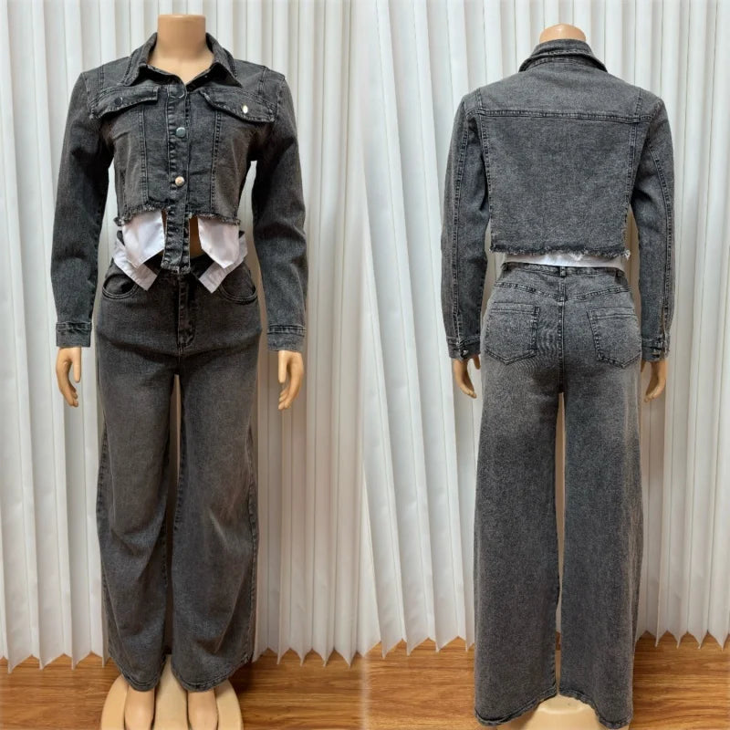 Streetwear Denim 2 Piece Sets Women Outfit Autumn Clothes Women Long Sleeve Jean Short Jacket Straight Jeans Pant Sets Tracksuit