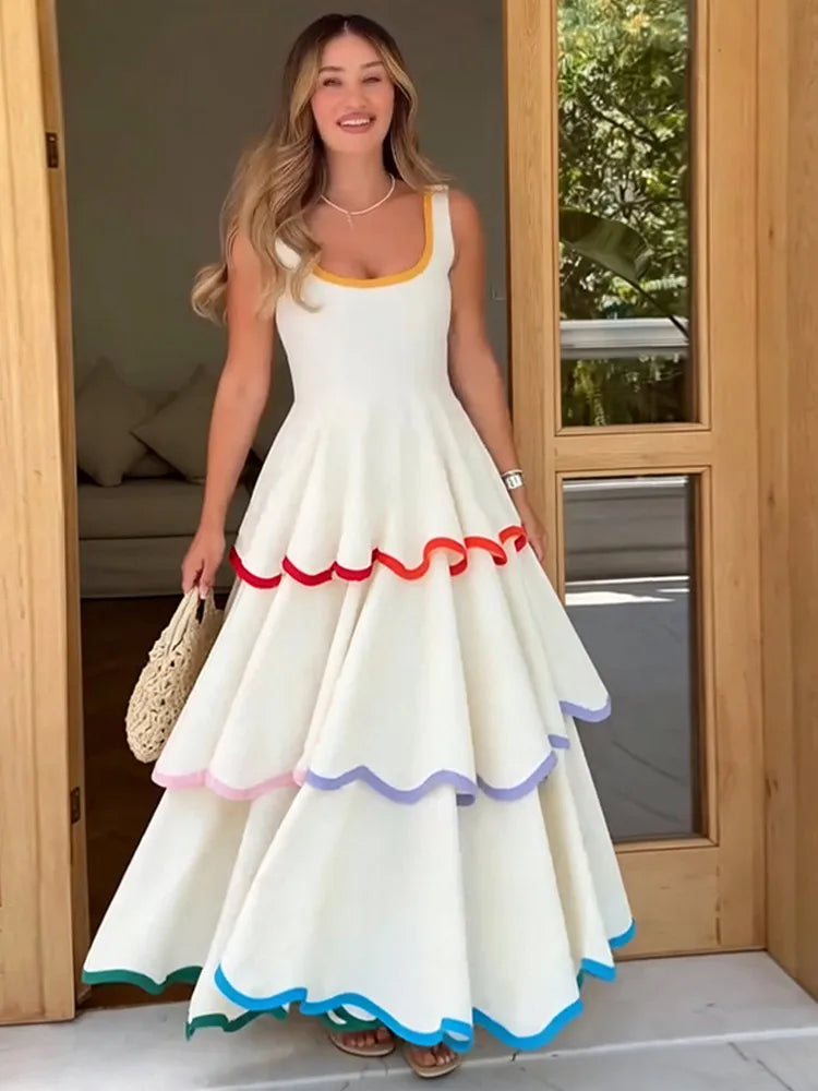 Fashion Women's Dress Round Neck Strapless Sleeveless Cascading Ruffled Hem Dresses Chic 2026 Summer New Daily Wear Ladies Robes