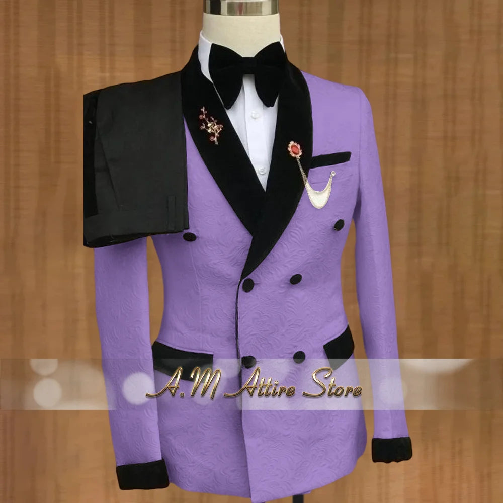 Luxury Wedding Attire for Men Tailored White Jacquard Suit with Black Velvet Shawl Lapel Accents for Grooms & Bridal Party 2PCS