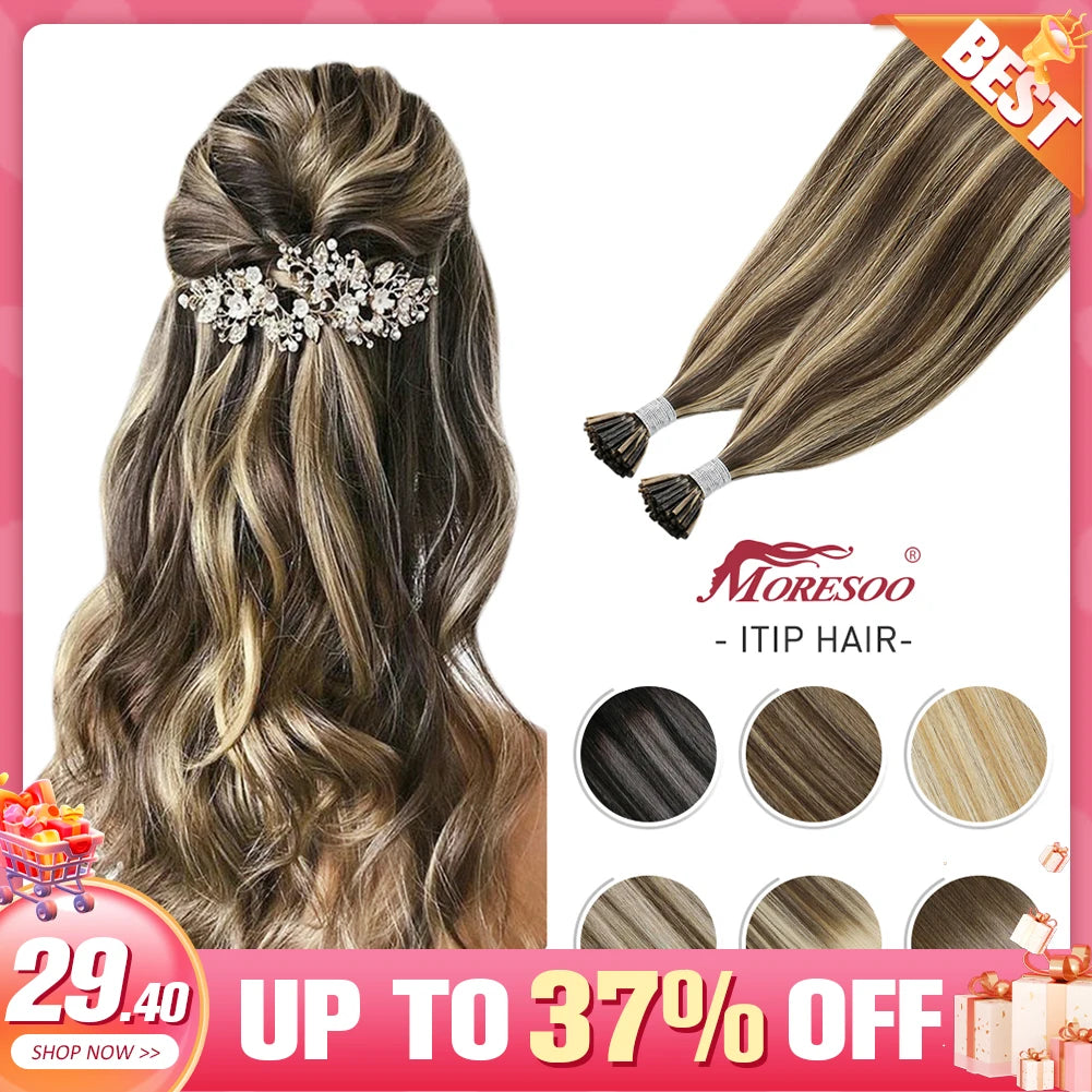Moresoo Itip Hair Extensions Natural Straight Machine Remy 100% Real Human Hair Italy Keratin Fusion Stick Tipped Extensions