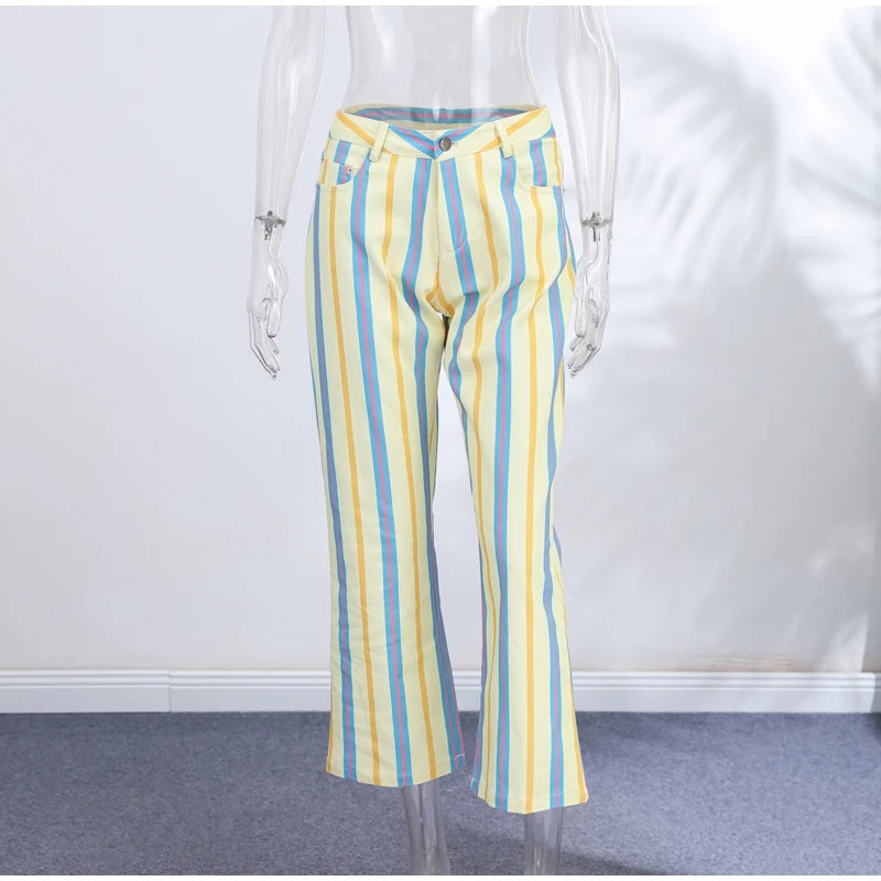 Street Fashion Stripe Women's Pants Zipper Button Pocket Wide Leg Multicolor Vertical Pants 2026 Spring Summer Lady Trousers