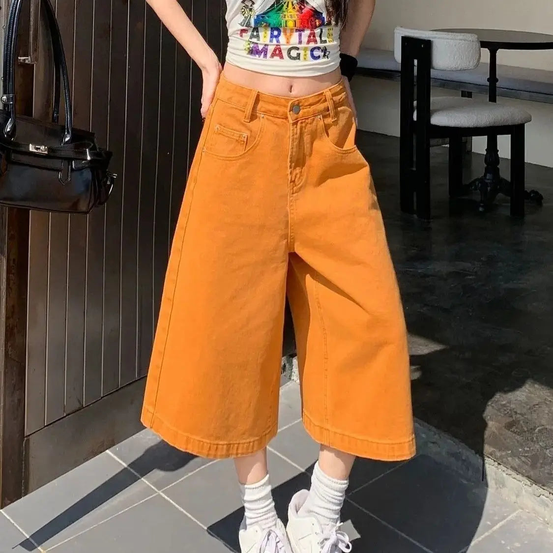 Retro High Waist Wide-leg Jeans Women Summer New Fashion Loose Straight Calf-Length Denim Pants Female Orange Whiter Cowboy Pant
