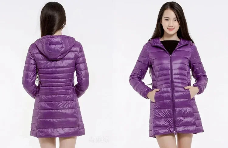 Plus Size White Duck Down Jacket Light-weight Down Jacket Women Inner Cloth Coat Ladies Long Winter Hat Hooded Femal