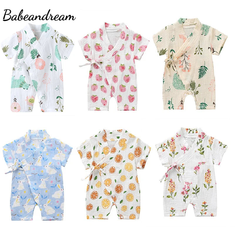 0-18M Summer Baby Girl Boys Clothing  Rompers Jumpsuit Short-sleeved Floral Print  Cute Soft Newborn Infant Baby Kimono Playwear