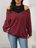 GIBSIE Plus Size Cold Shoulder 2 In 1 Rib-knit Tee Women 2025 Spring Fall Casual Loose O-Neck Long Sleeve T-Shirts Top Female