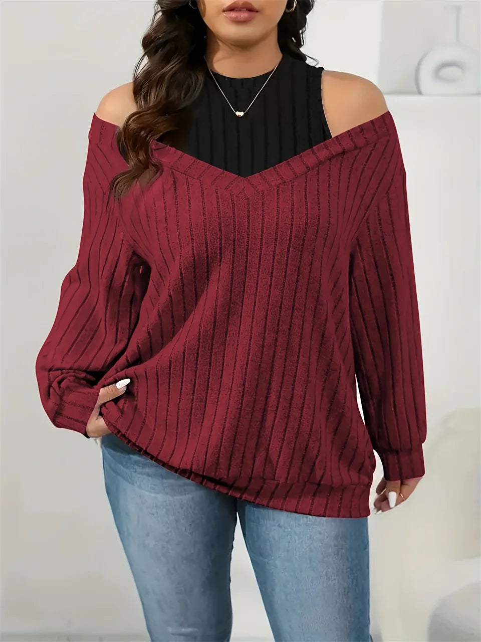 GIBSIE Plus Size Cold Shoulder 2 In 1 Rib-knit Tee Women 2025 Spring Fall Casual Loose O-Neck Long Sleeve T-Shirts Top Female