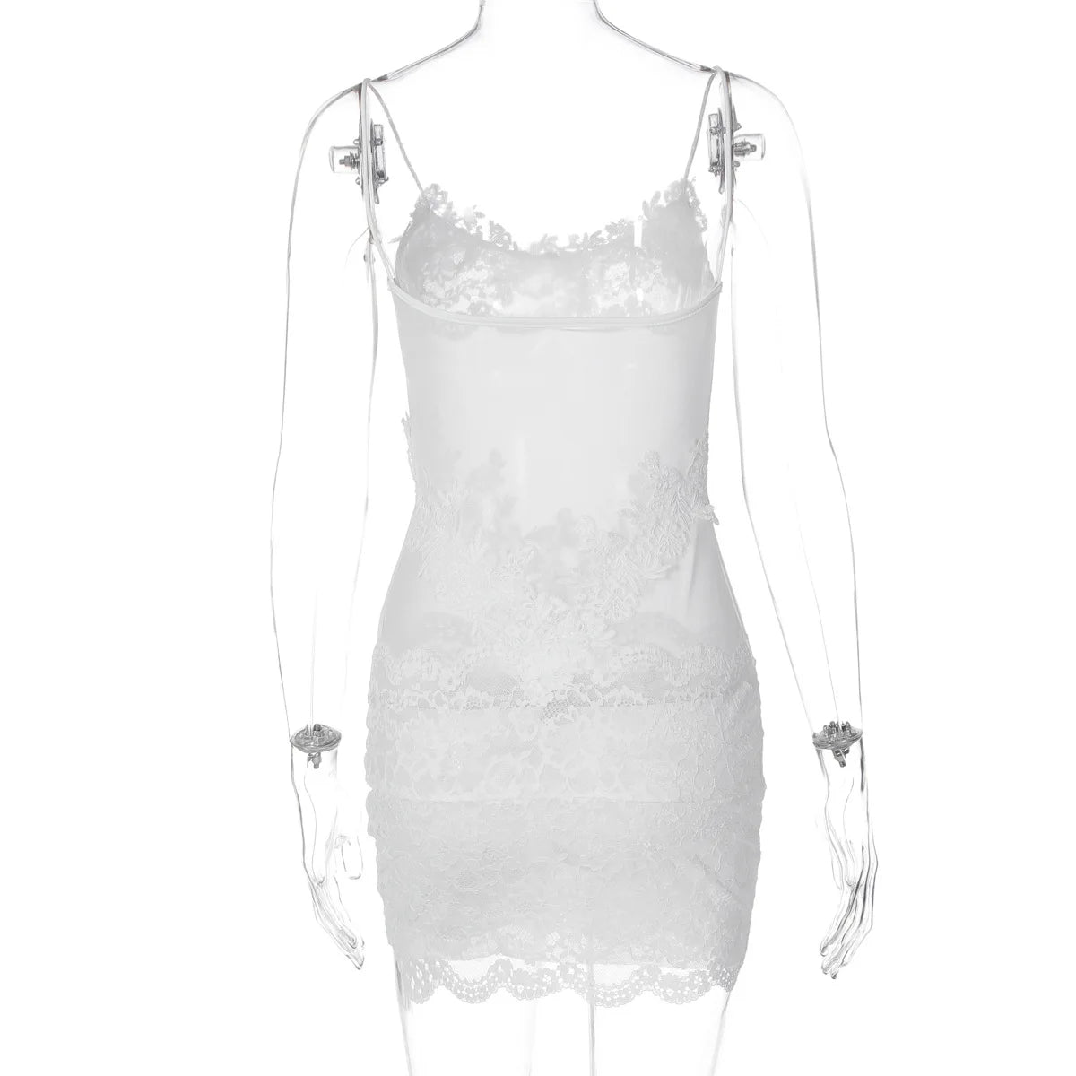 Woman Clothing Spaghetti Strap Mesh Lace Patchwork Party Club Dress Female Sexy See-through Sleeveless Short Evening Dresses